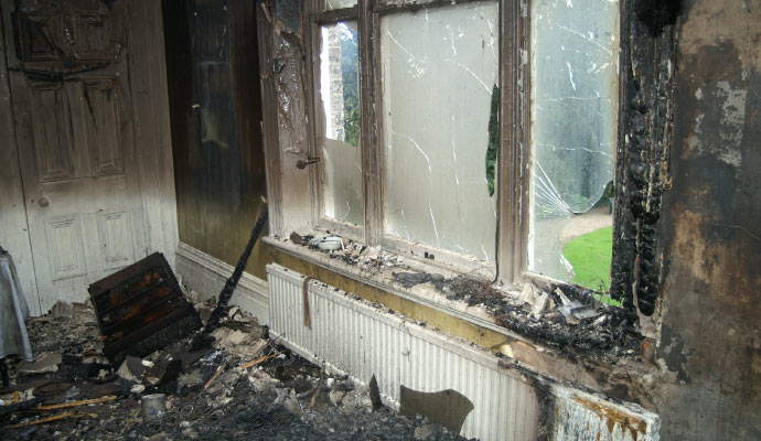 Room with structural fire damage